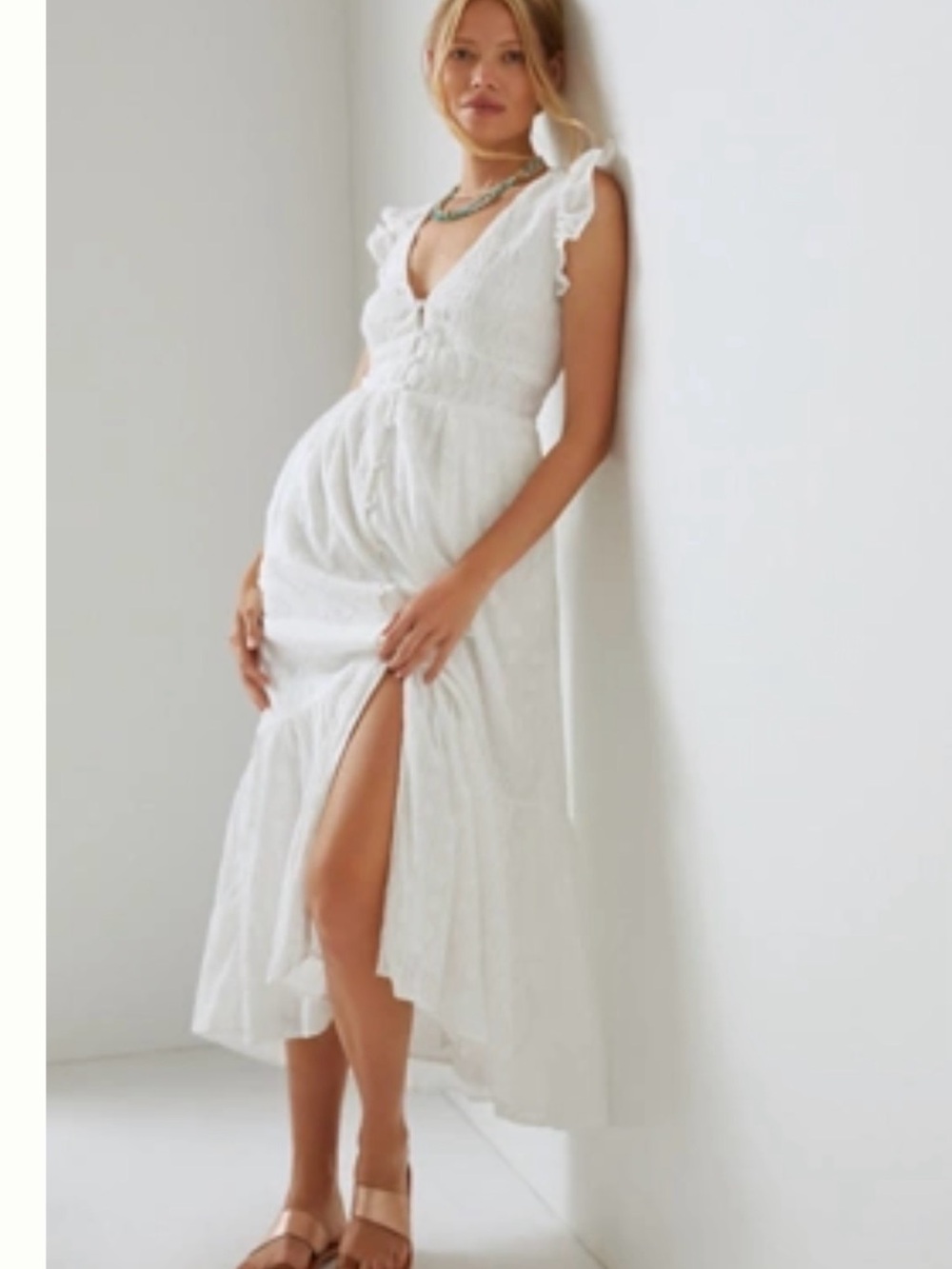Anthropologie White Ruffled Midi Dress with V-Neck